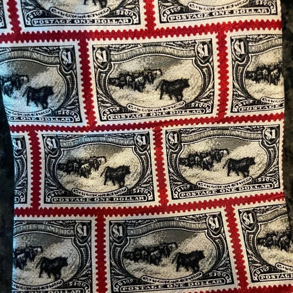 📈📊100% Silk Postage themed tie with $1 stamps. Black, red, white hues